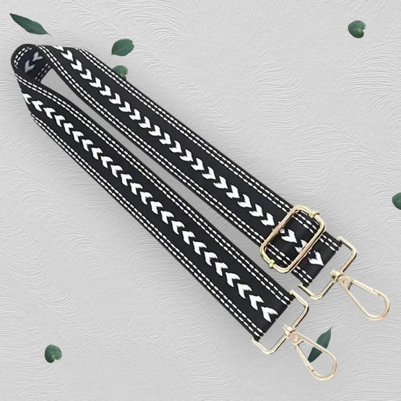 Boho‎ Chevron Black White Adjustable Bag Strap With Gold Hardware - Picture 8 of 13
